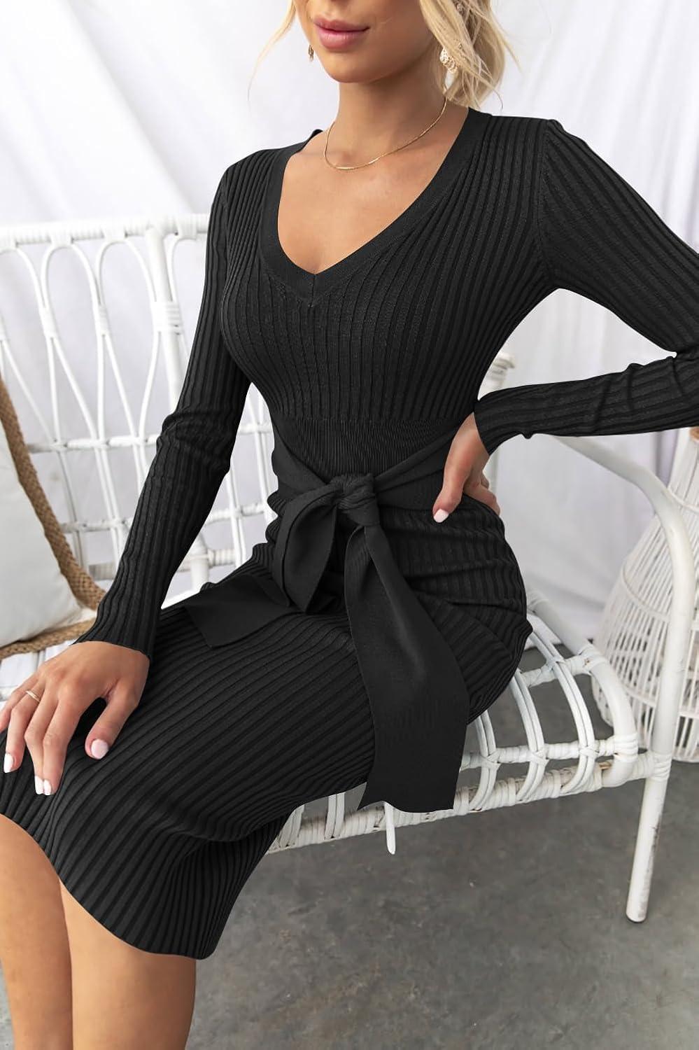 imageZESICA Womens Fall Sweater Dress V Neck Long Sleeve Ribbed Knit Tie Waist Bodycon Slim Fit Midi DressesBlack