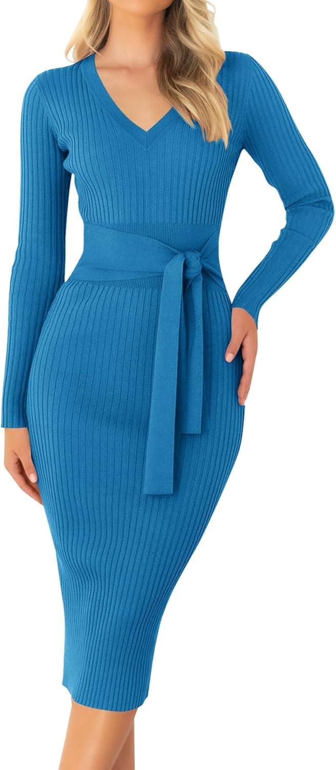 imageZESICA Womens Fall Sweater Dress V Neck Long Sleeve Ribbed Knit Tie Waist Bodycon Slim Fit Midi DressesCobaltblue