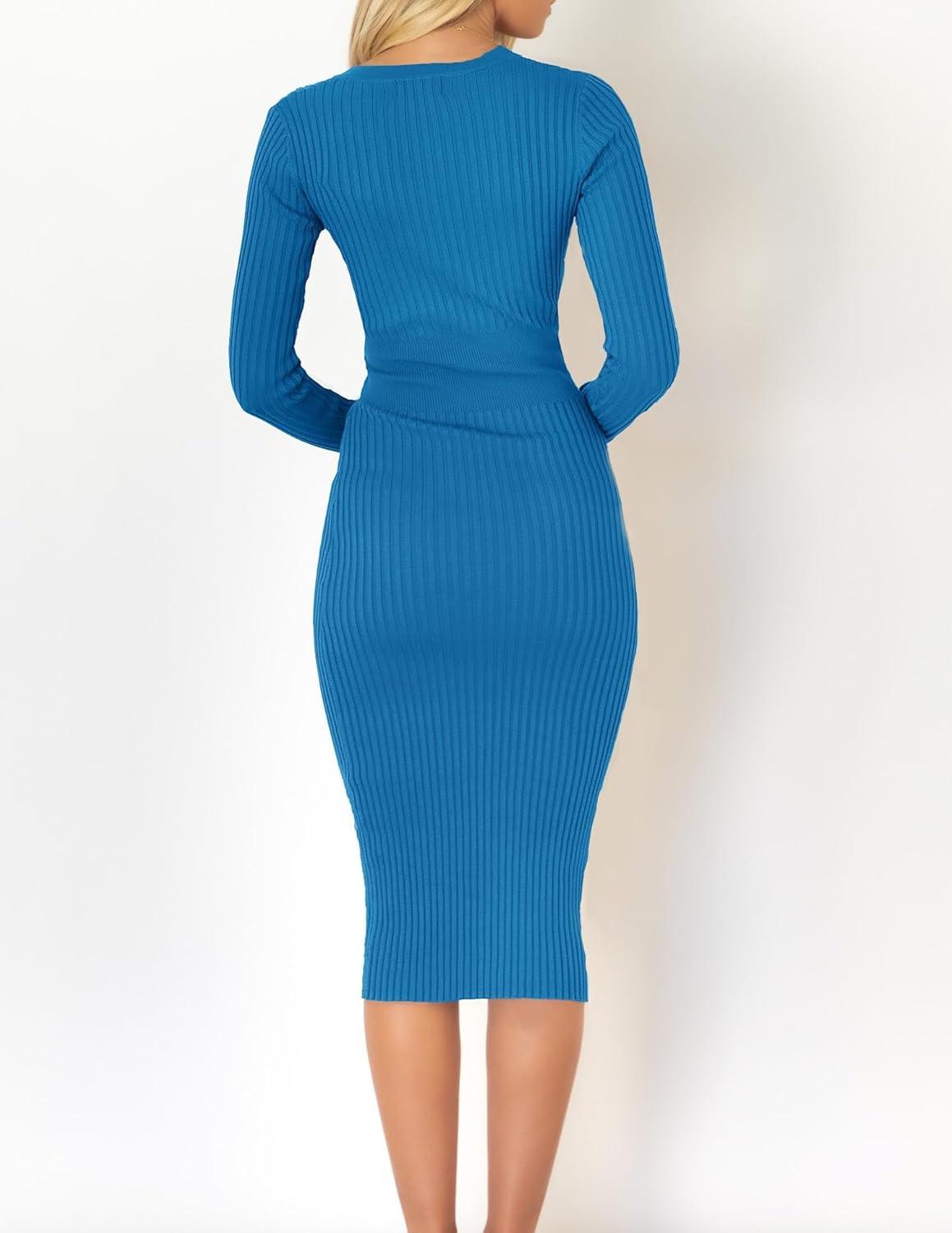imageZESICA Womens Fall Sweater Dress V Neck Long Sleeve Ribbed Knit Tie Waist Bodycon Slim Fit Midi DressesCobaltblue