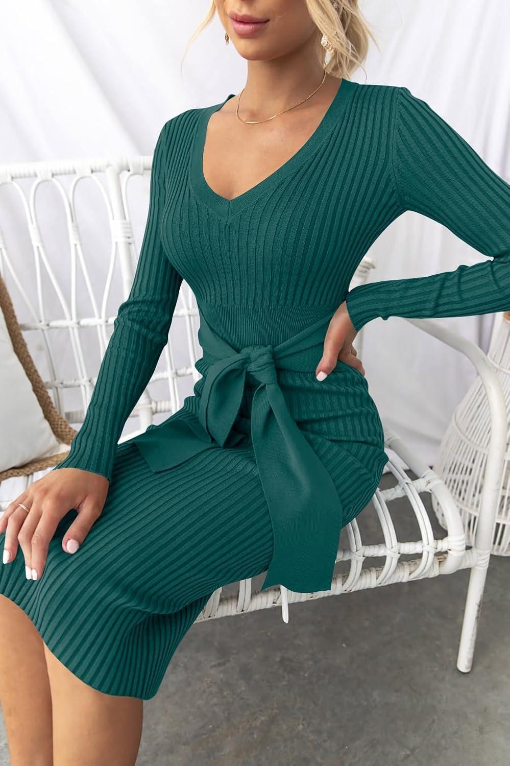 imageZESICA Womens Fall Sweater Dress V Neck Long Sleeve Ribbed Knit Tie Waist Bodycon Slim Fit Midi DressesDarkgreen