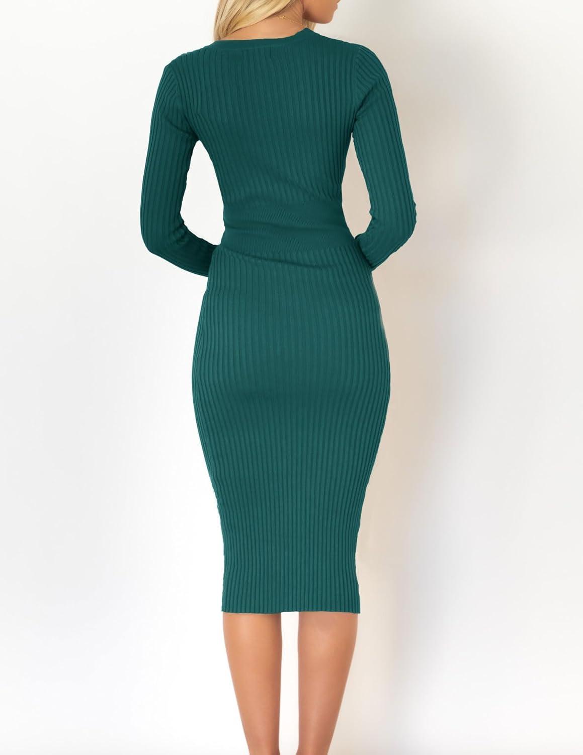 imageZESICA Womens Fall Sweater Dress V Neck Long Sleeve Ribbed Knit Tie Waist Bodycon Slim Fit Midi DressesDarkgreen