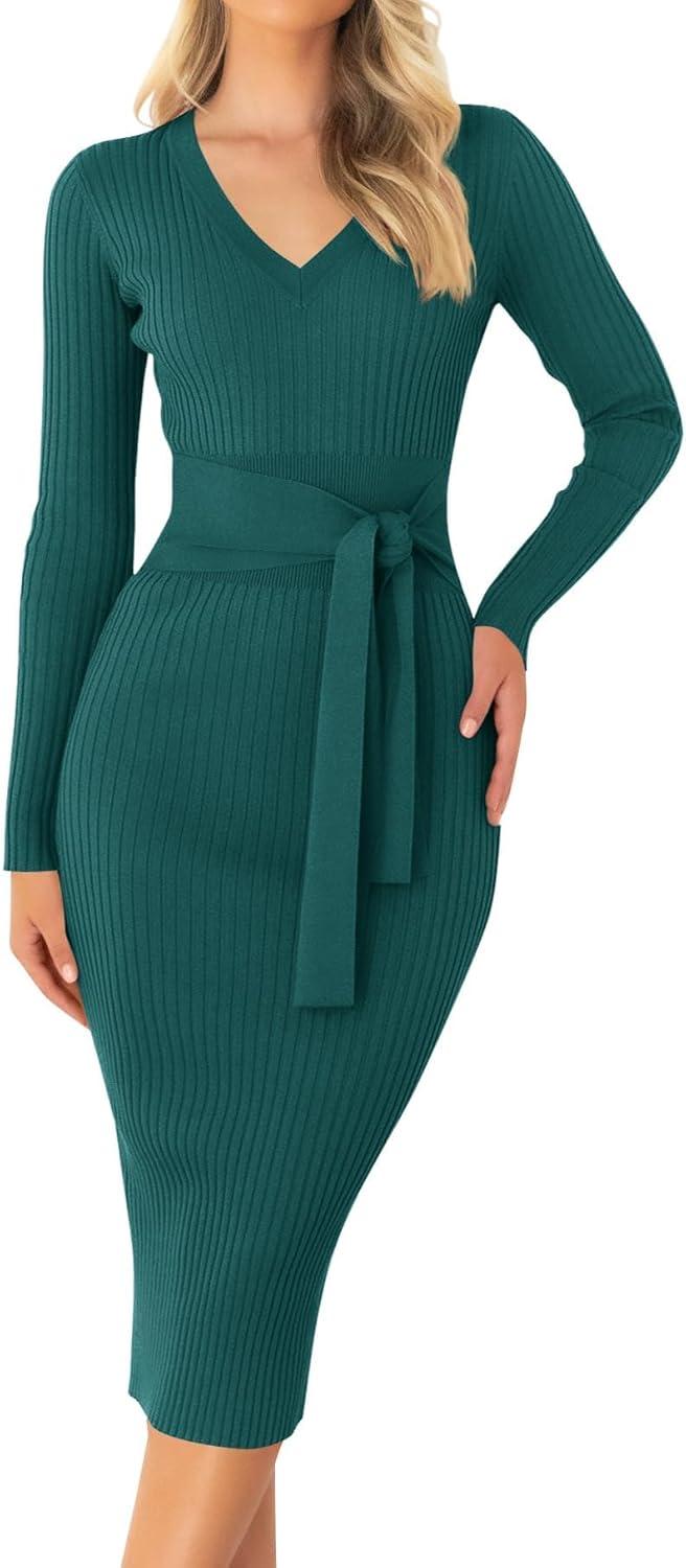 imageZESICA Womens Fall Sweater Dress V Neck Long Sleeve Ribbed Knit Tie Waist Bodycon Slim Fit Midi DressesDarkgreen