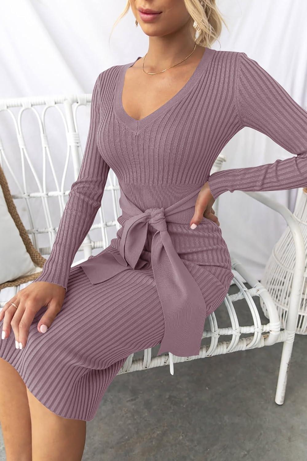 imageZESICA Womens Fall Sweater Dress V Neck Long Sleeve Ribbed Knit Tie Waist Bodycon Slim Fit Midi DressesDarkviolet