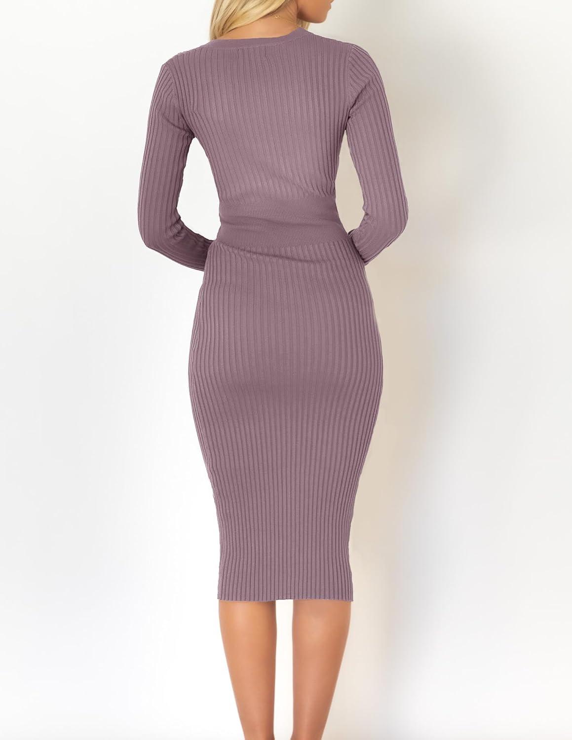 imageZESICA Womens Fall Sweater Dress V Neck Long Sleeve Ribbed Knit Tie Waist Bodycon Slim Fit Midi DressesDarkviolet
