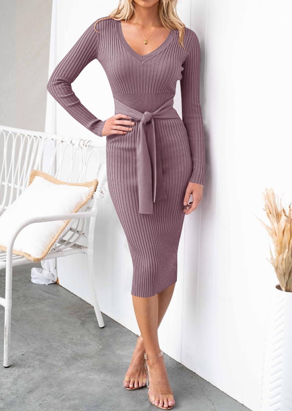 imageZESICA Womens Fall Sweater Dress V Neck Long Sleeve Ribbed Knit Tie Waist Bodycon Slim Fit Midi DressesDarkviolet