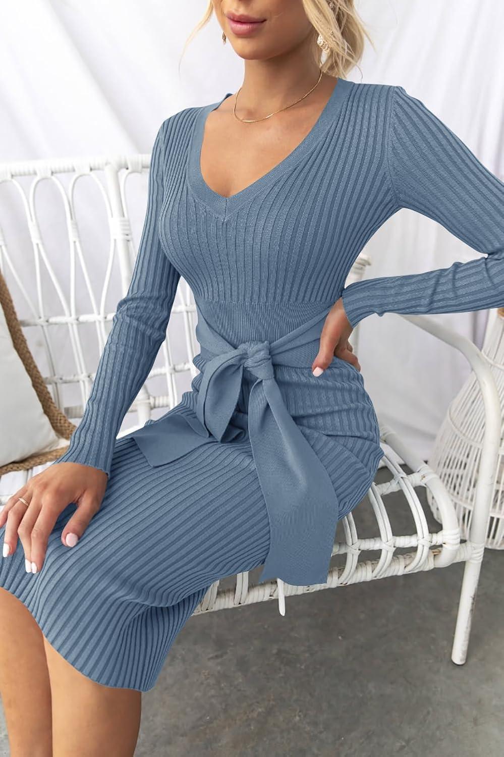 imageZESICA Womens Fall Sweater Dress V Neck Long Sleeve Ribbed Knit Tie Waist Bodycon Slim Fit Midi DressesDustyblue