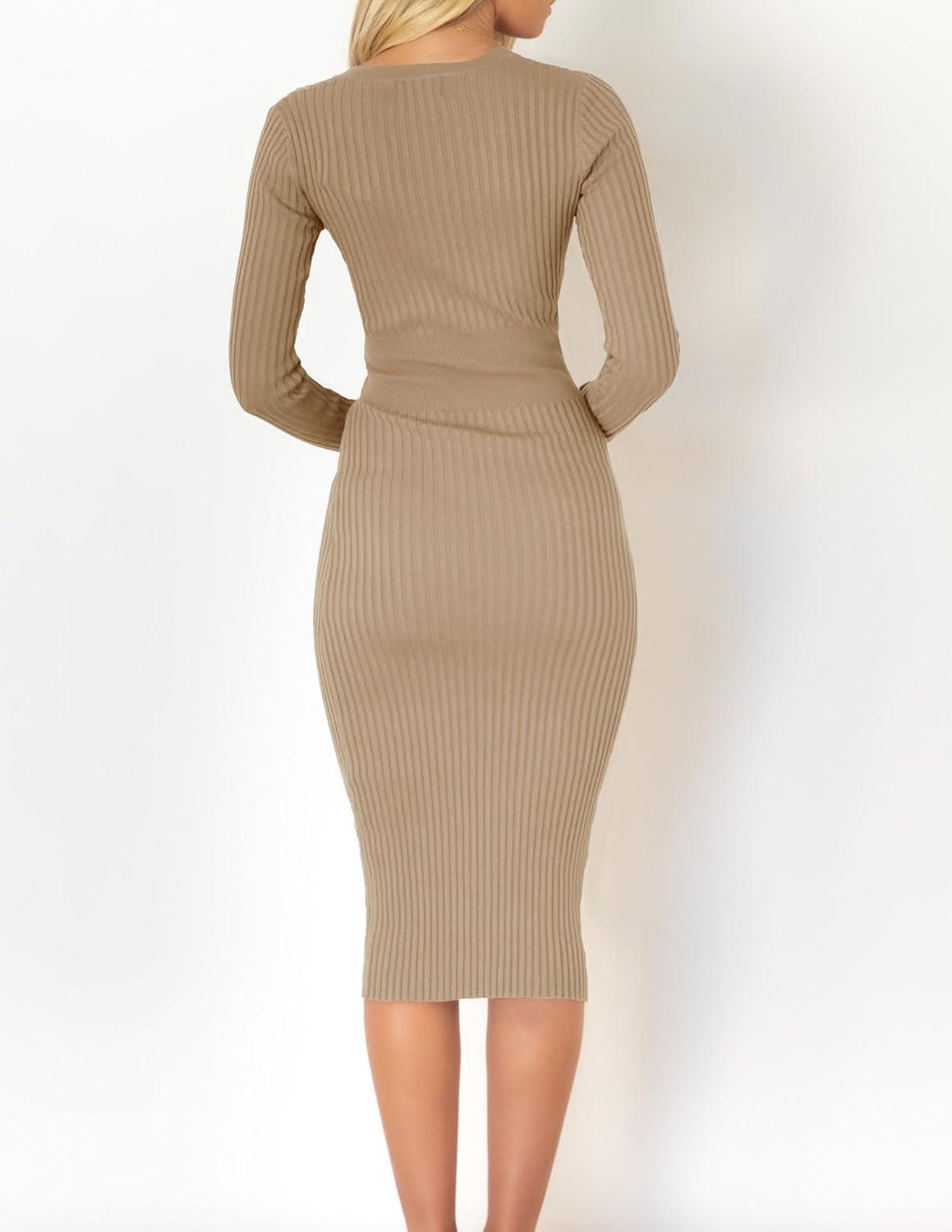 imageZESICA Womens Fall Sweater Dress V Neck Long Sleeve Ribbed Knit Tie Waist Bodycon Slim Fit Midi DressesKhaki