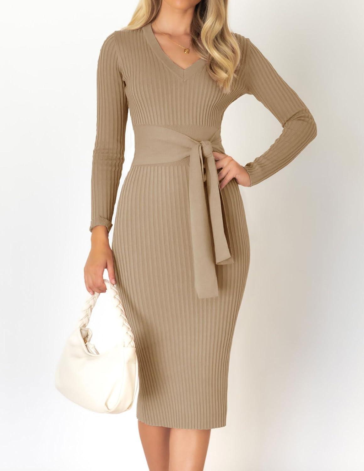 imageZESICA Womens Fall Sweater Dress V Neck Long Sleeve Ribbed Knit Tie Waist Bodycon Slim Fit Midi DressesKhaki
