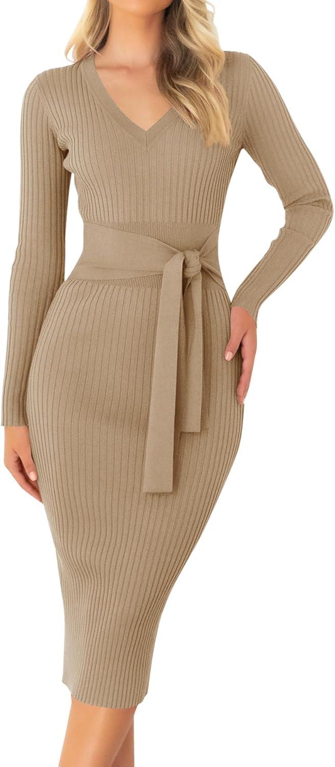 imageZESICA Womens Fall Sweater Dress V Neck Long Sleeve Ribbed Knit Tie Waist Bodycon Slim Fit Midi DressesKhaki