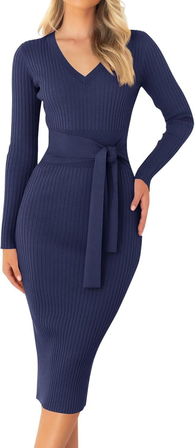 imageZESICA Womens Fall Sweater Dress V Neck Long Sleeve Ribbed Knit Tie Waist Bodycon Slim Fit Midi DressesNavy