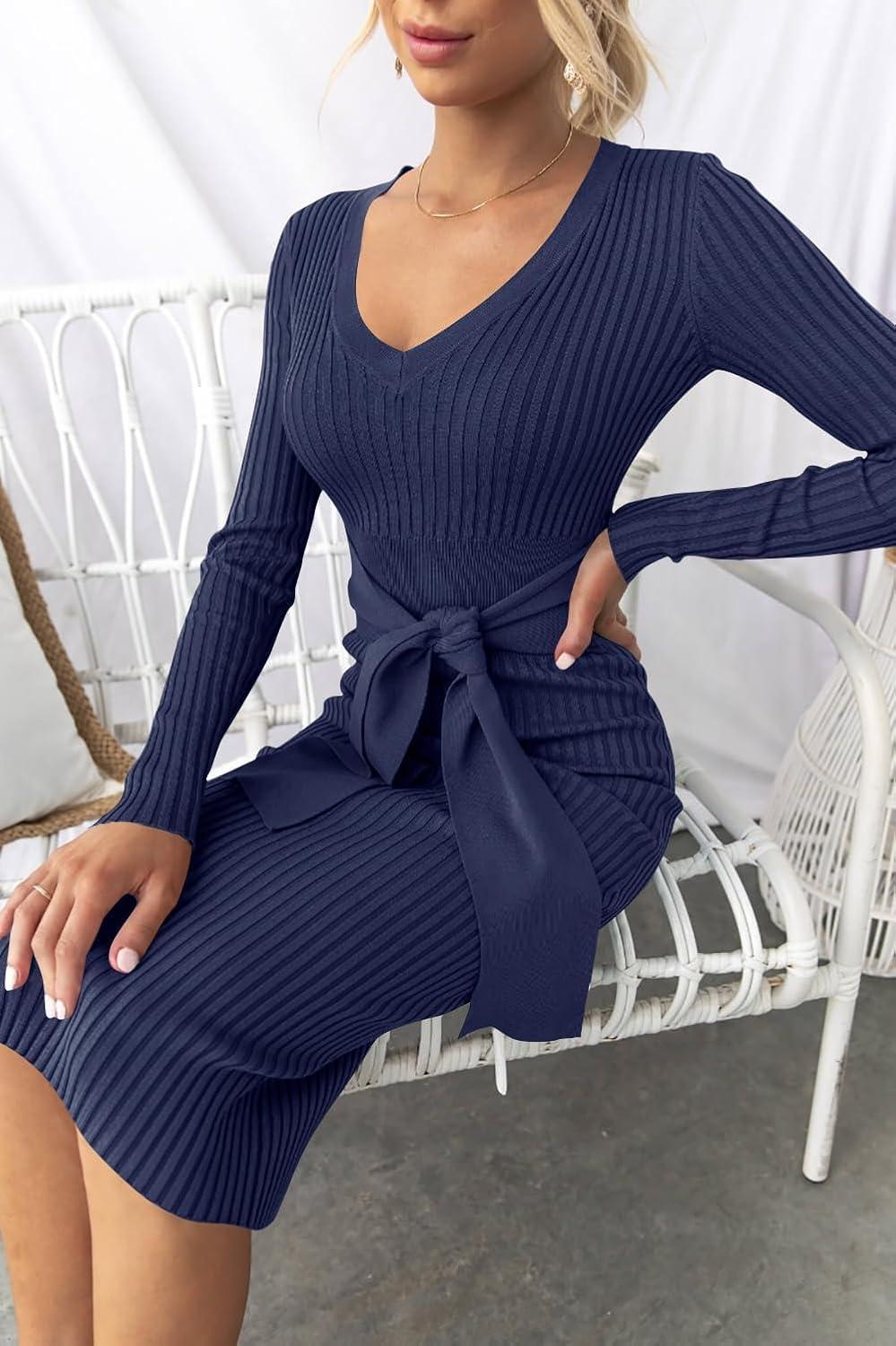 imageZESICA Womens Fall Sweater Dress V Neck Long Sleeve Ribbed Knit Tie Waist Bodycon Slim Fit Midi DressesNavy