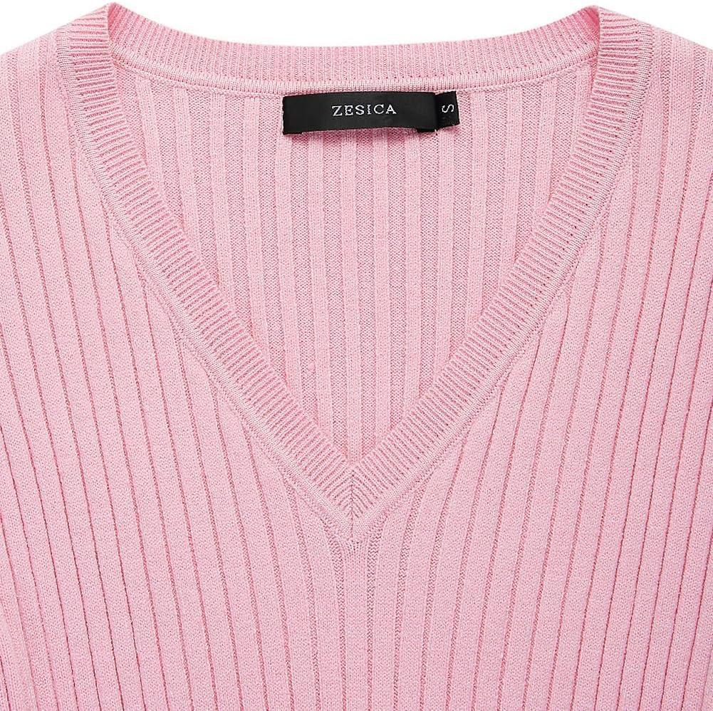 imageZESICA Womens Fall Sweater Dress V Neck Long Sleeve Ribbed Knit Tie Waist Bodycon Slim Fit Midi DressesPink