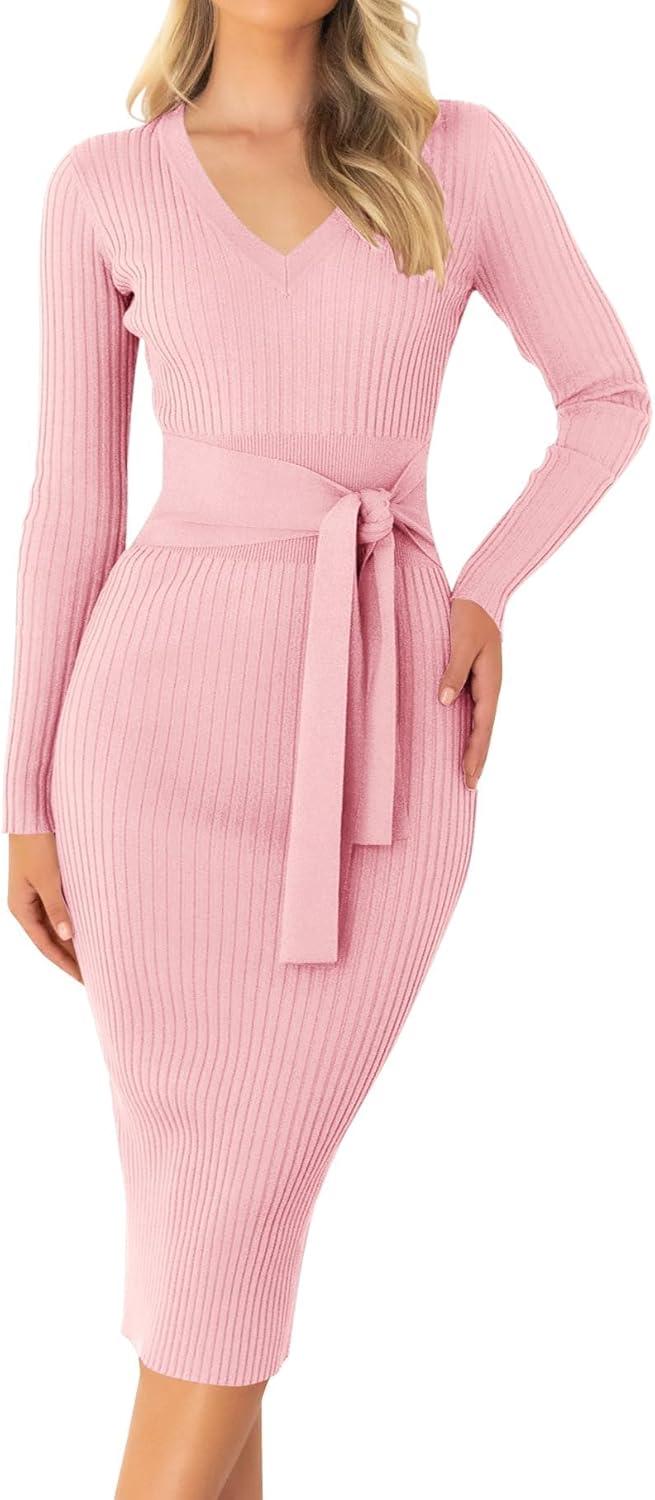 imageZESICA Womens Fall Sweater Dress V Neck Long Sleeve Ribbed Knit Tie Waist Bodycon Slim Fit Midi DressesPink
