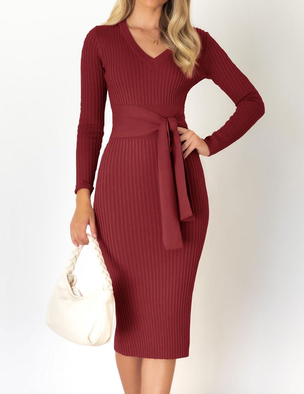 imageZESICA Womens Fall Sweater Dress V Neck Long Sleeve Ribbed Knit Tie Waist Bodycon Slim Fit Midi DressesRed