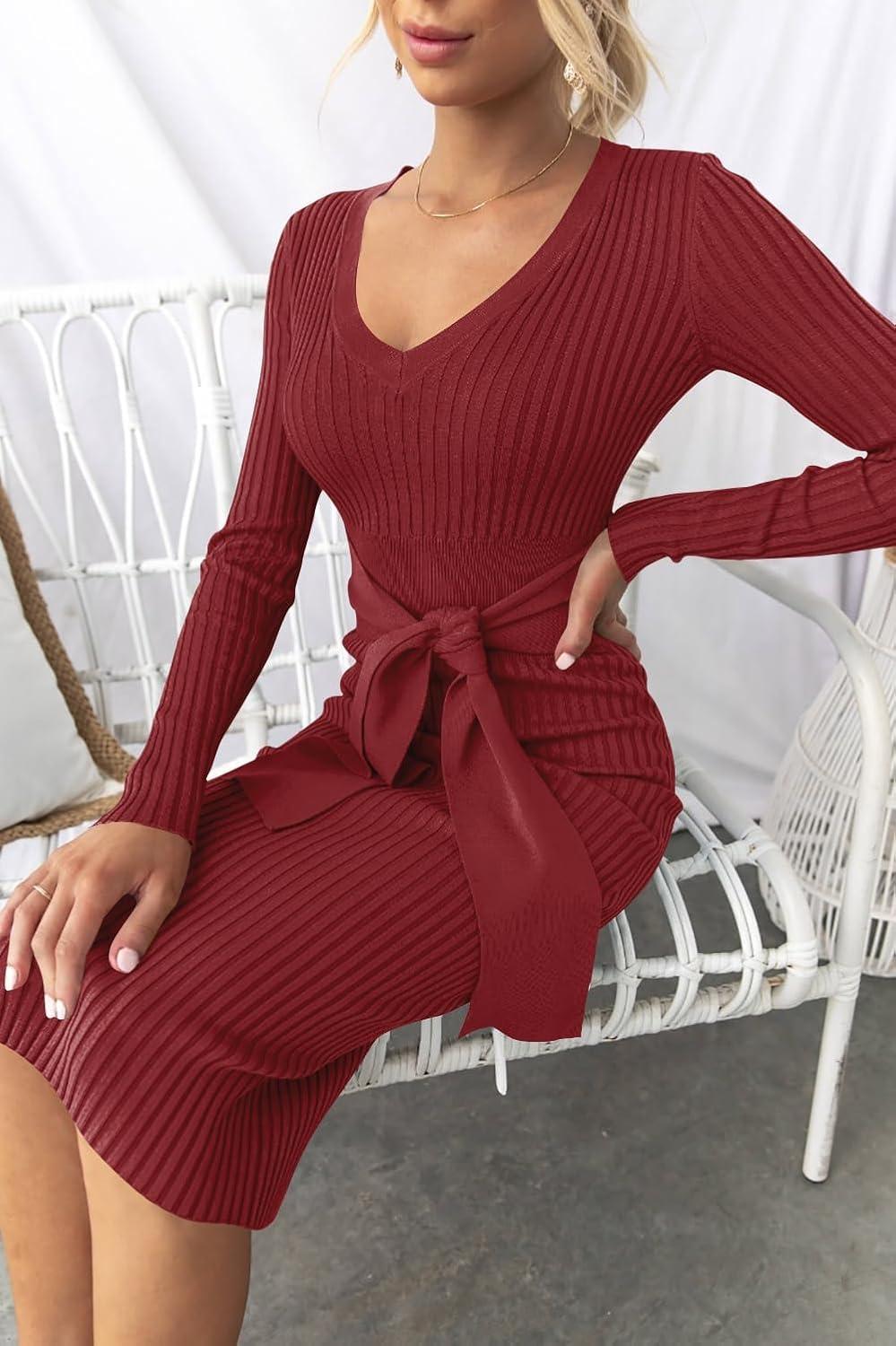 imageZESICA Womens Fall Sweater Dress V Neck Long Sleeve Ribbed Knit Tie Waist Bodycon Slim Fit Midi DressesRed