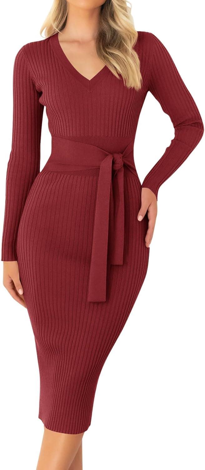 imageZESICA Womens Fall Sweater Dress V Neck Long Sleeve Ribbed Knit Tie Waist Bodycon Slim Fit Midi DressesRed