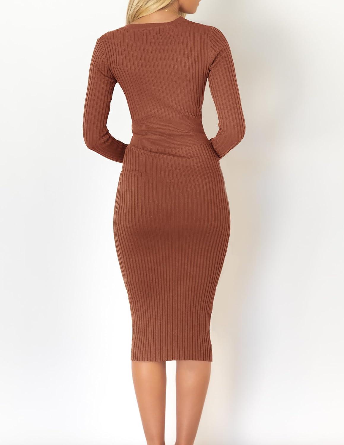 imageZESICA Womens Fall Sweater Dress V Neck Long Sleeve Ribbed Knit Tie Waist Bodycon Slim Fit Midi DressesRedbrown