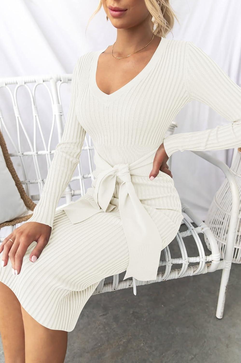 imageZESICA Womens Fall Sweater Dress V Neck Long Sleeve Ribbed Knit Tie Waist Bodycon Slim Fit Midi DressesWhite
