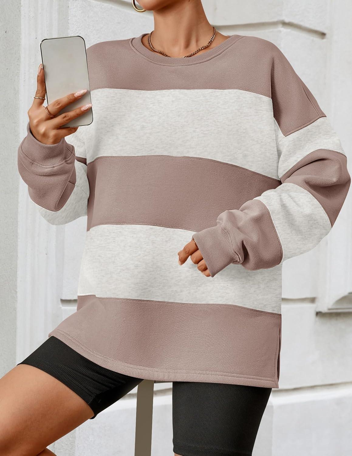 imageZESICA Womens Fall Sweatshirt Tops Crewneck Long Sleeve Loose Oversized Striped Fleece Pullover 2025 ClothesAlmond