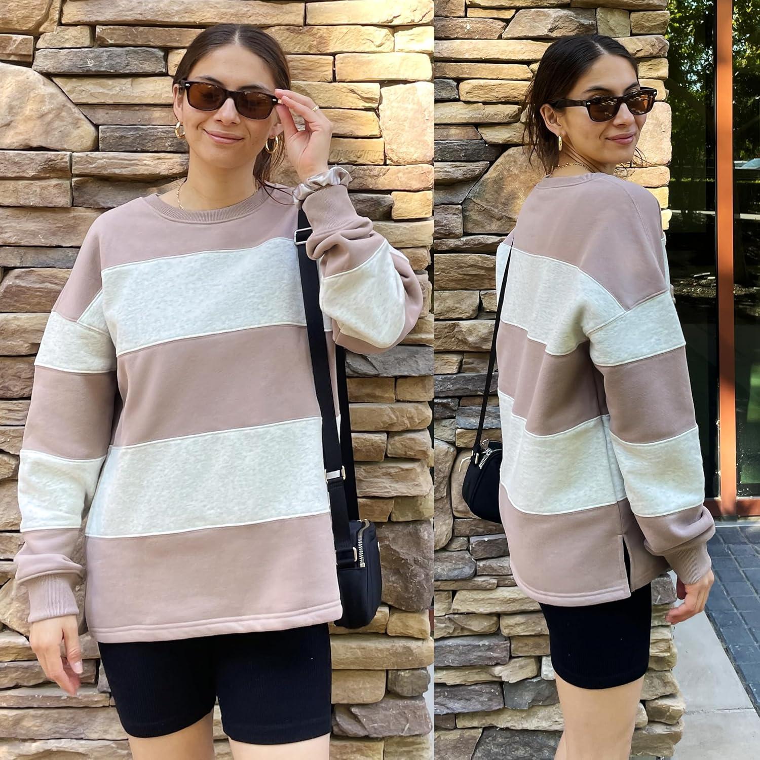 imageZESICA Womens Fall Sweatshirt Tops Crewneck Long Sleeve Loose Oversized Striped Fleece Pullover 2025 ClothesAlmond
