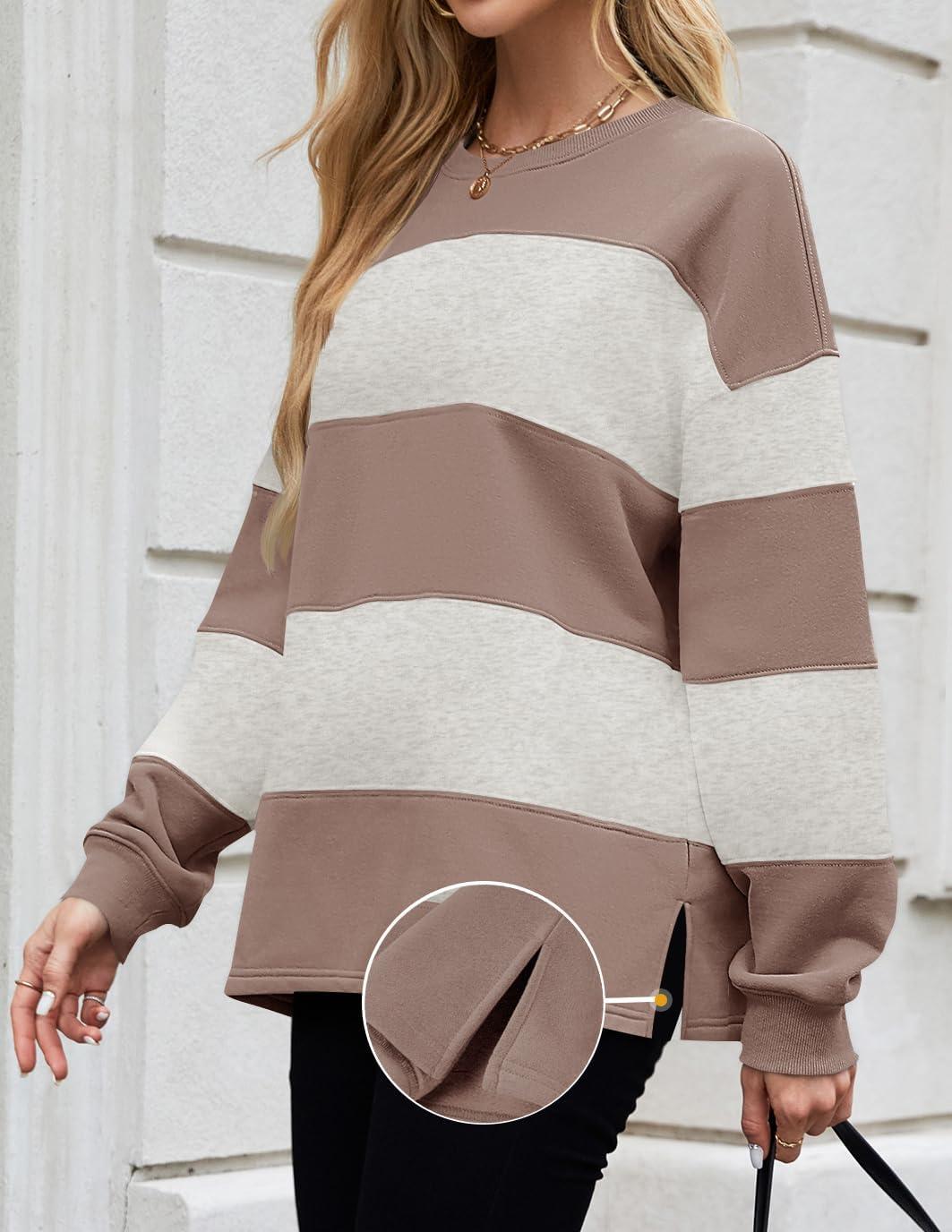 imageZESICA Womens Fall Sweatshirt Tops Crewneck Long Sleeve Loose Oversized Striped Fleece Pullover 2025 ClothesAlmond