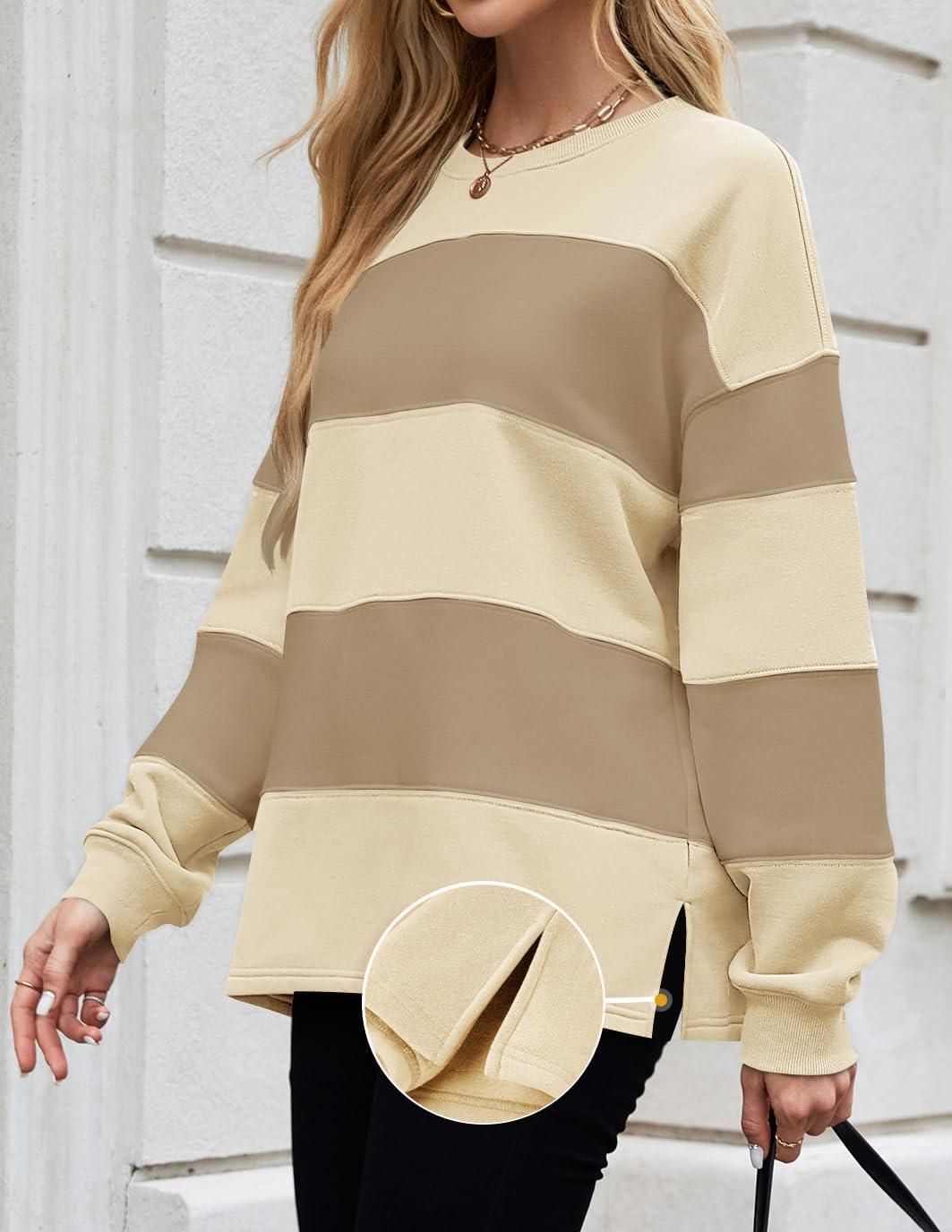 imageZESICA Womens Fall Sweatshirt Tops Crewneck Long Sleeve Loose Oversized Striped Fleece Pullover 2025 ClothesApricot