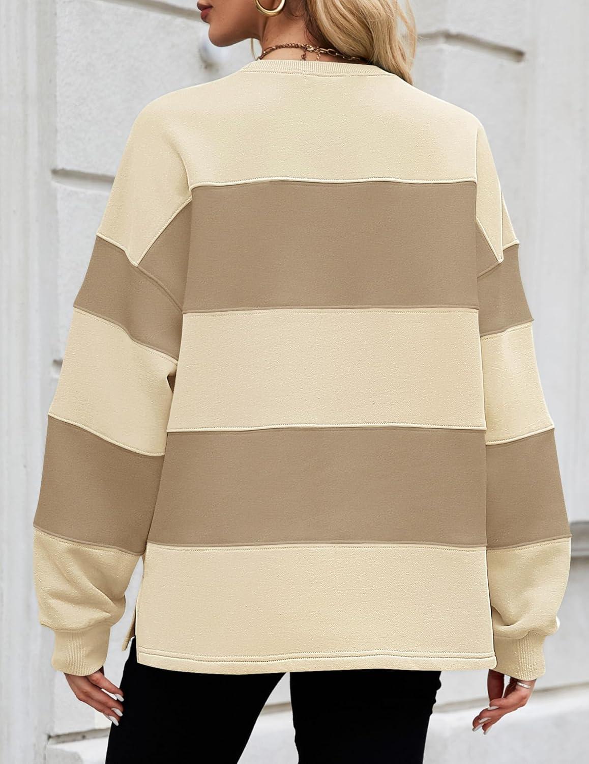 imageZESICA Womens Fall Sweatshirt Tops Crewneck Long Sleeve Loose Oversized Striped Fleece Pullover 2025 ClothesApricot