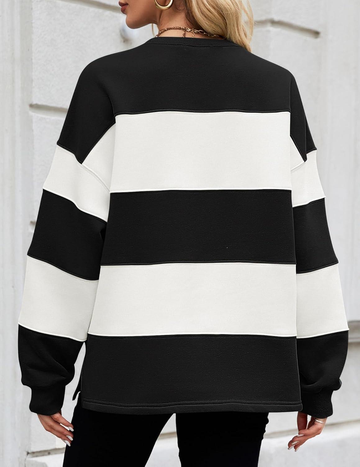 imageZESICA Womens Fall Sweatshirt Tops Crewneck Long Sleeve Loose Oversized Striped Fleece Pullover 2025 ClothesBlack