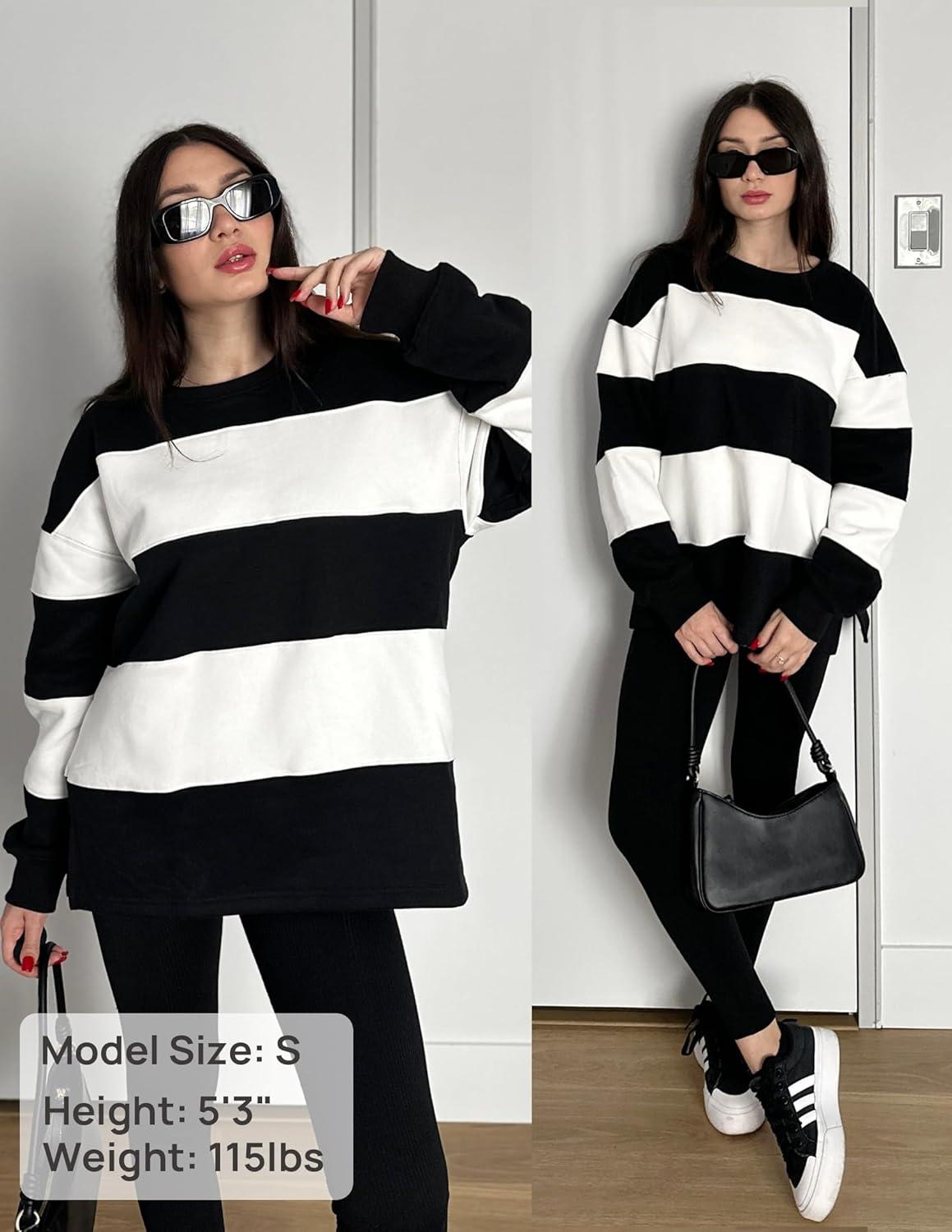 imageZESICA Womens Fall Sweatshirt Tops Crewneck Long Sleeve Loose Oversized Striped Fleece Pullover 2025 ClothesBlack