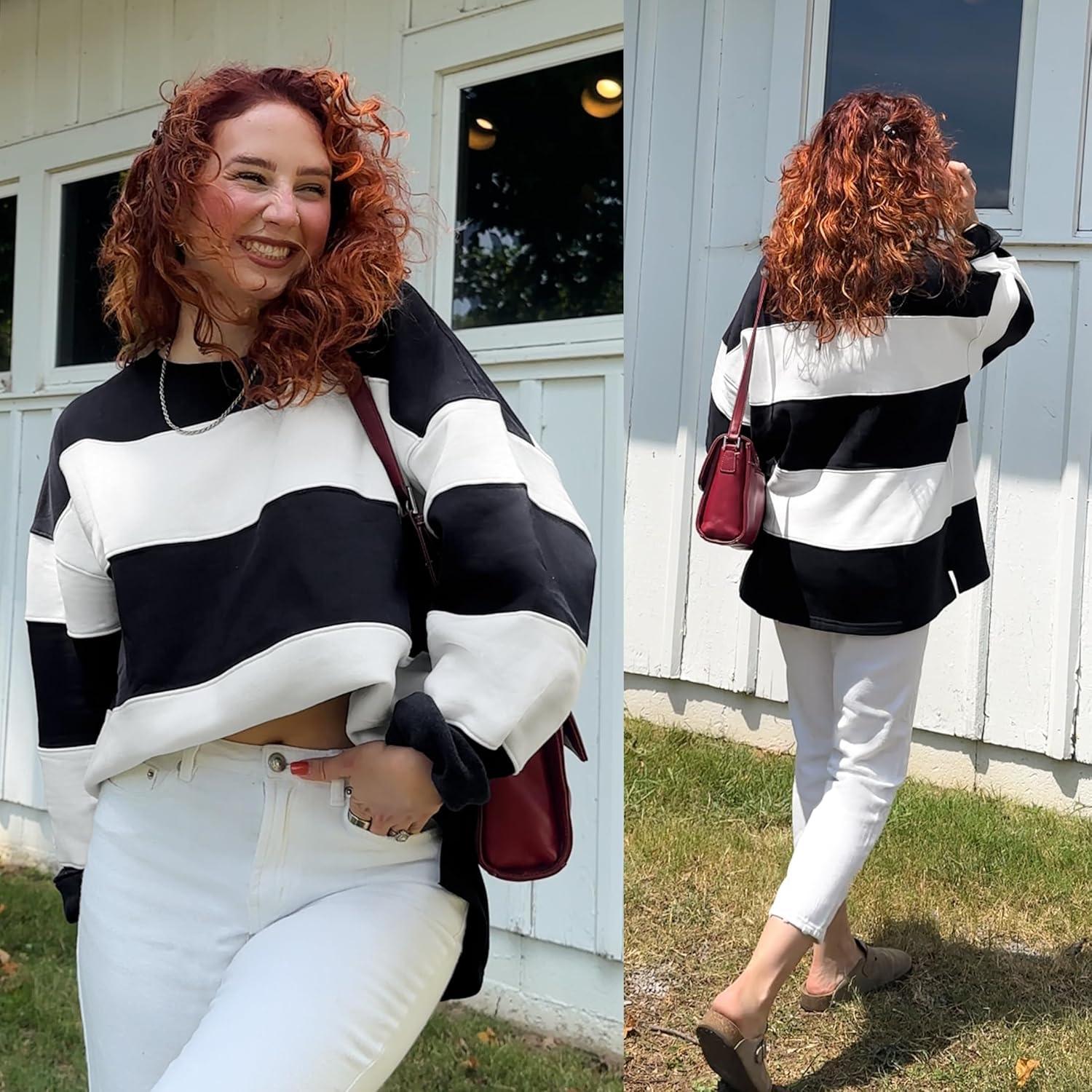 imageZESICA Womens Fall Sweatshirt Tops Crewneck Long Sleeve Loose Oversized Striped Fleece Pullover 2025 ClothesBlack