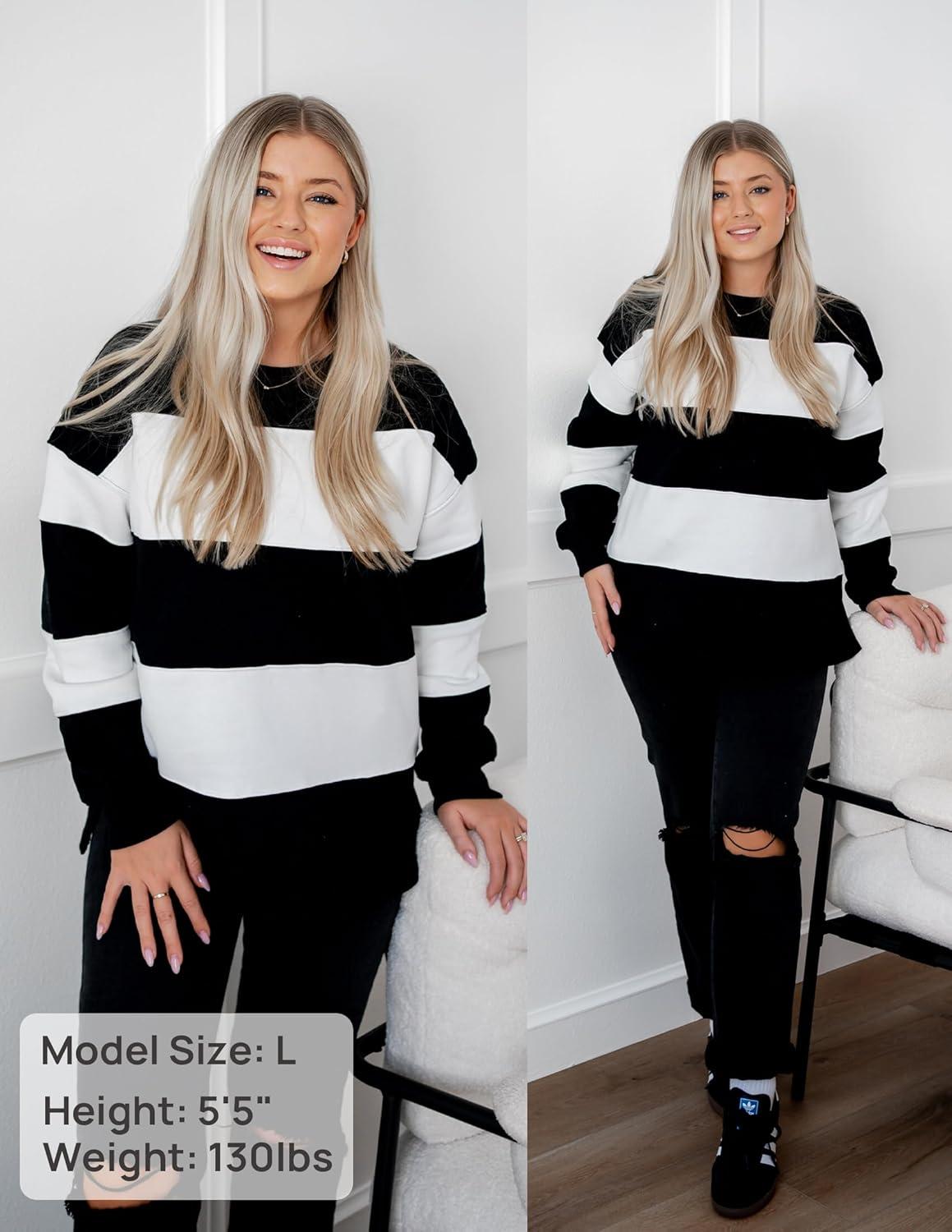 imageZESICA Womens Fall Sweatshirt Tops Crewneck Long Sleeve Loose Oversized Striped Fleece Pullover 2025 ClothesBlack