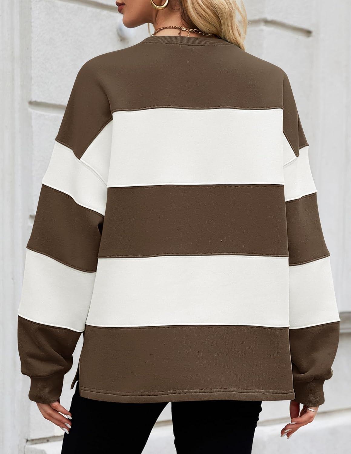 imageZESICA Womens Fall Sweatshirt Tops Crewneck Long Sleeve Loose Oversized Striped Fleece Pullover 2025 ClothesBrown