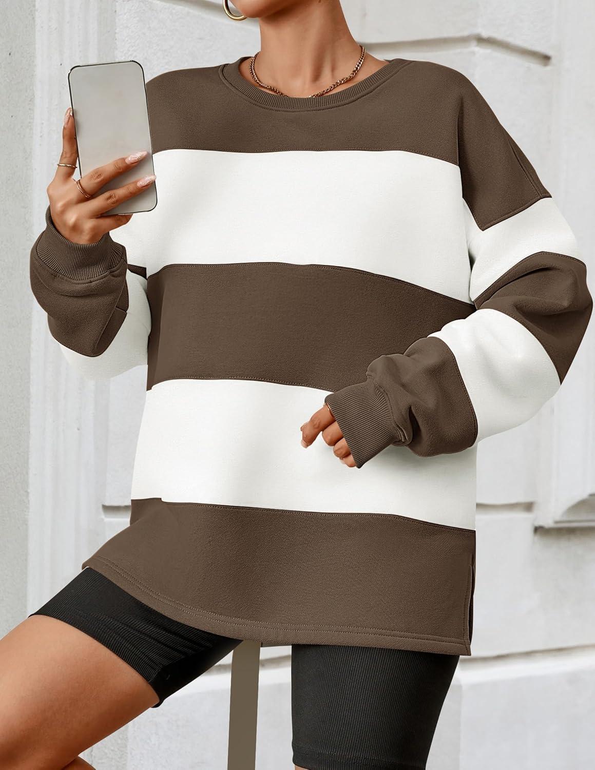 imageZESICA Womens Fall Sweatshirt Tops Crewneck Long Sleeve Loose Oversized Striped Fleece Pullover 2025 ClothesBrown