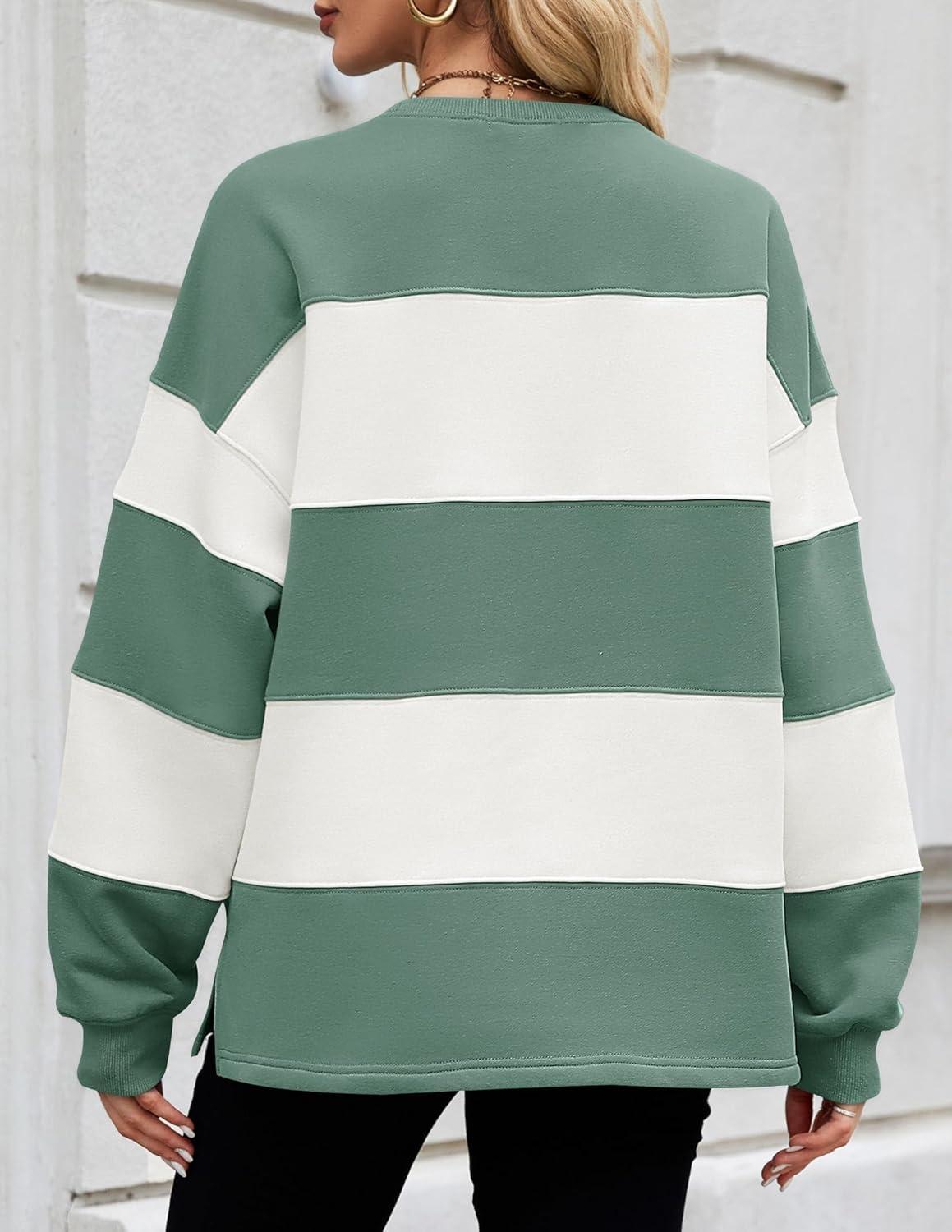 imageZESICA Womens Fall Sweatshirt Tops Crewneck Long Sleeve Loose Oversized Striped Fleece Pullover 2025 ClothesGreen