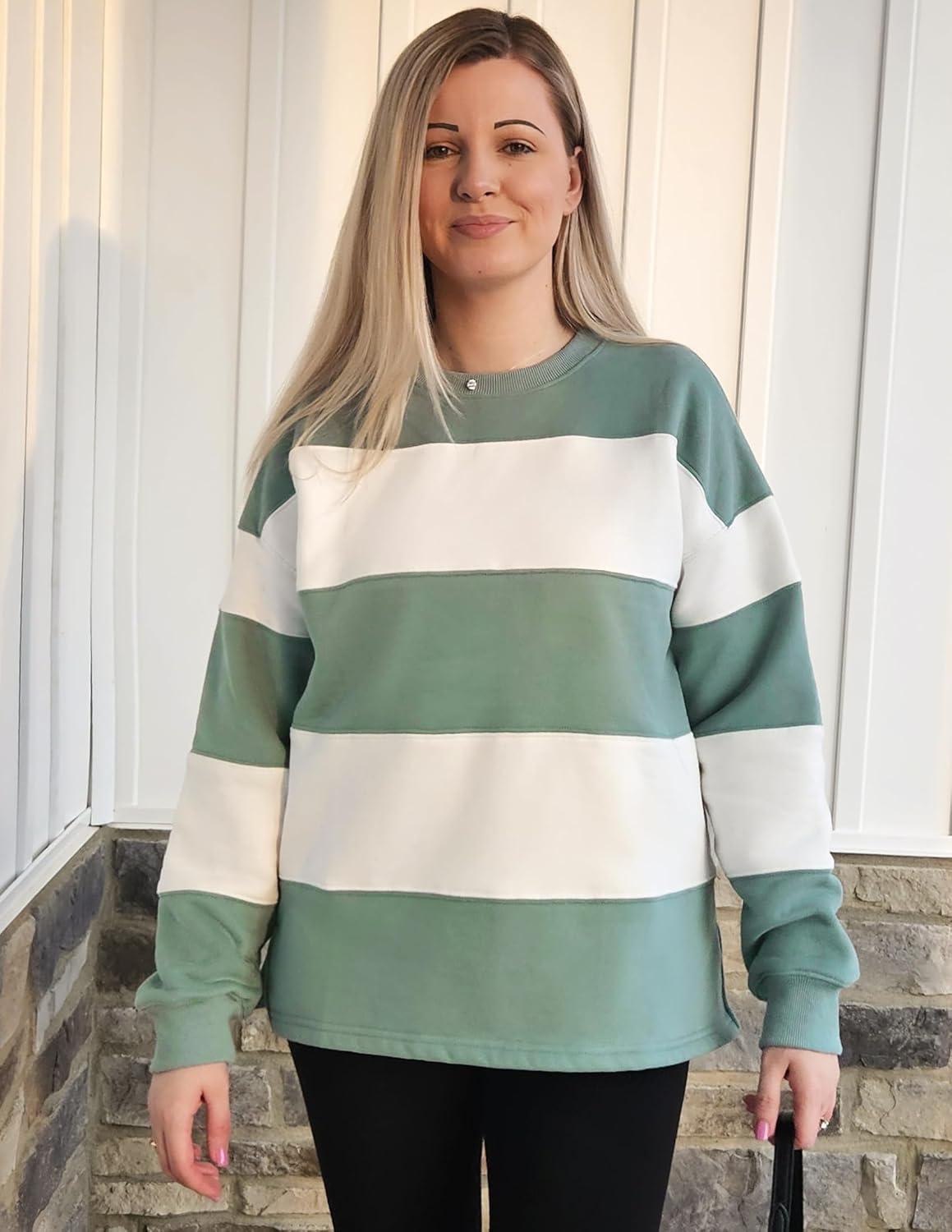 imageZESICA Womens Fall Sweatshirt Tops Crewneck Long Sleeve Loose Oversized Striped Fleece Pullover 2025 ClothesGreen