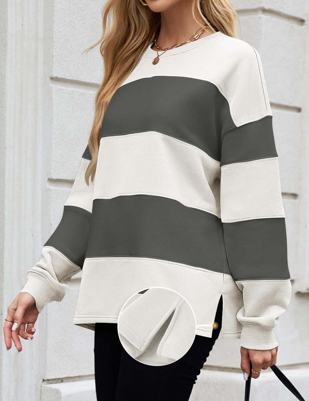 imageZESICA Womens Fall Sweatshirt Tops Crewneck Long Sleeve Loose Oversized Striped Fleece Pullover 2025 ClothesGrey