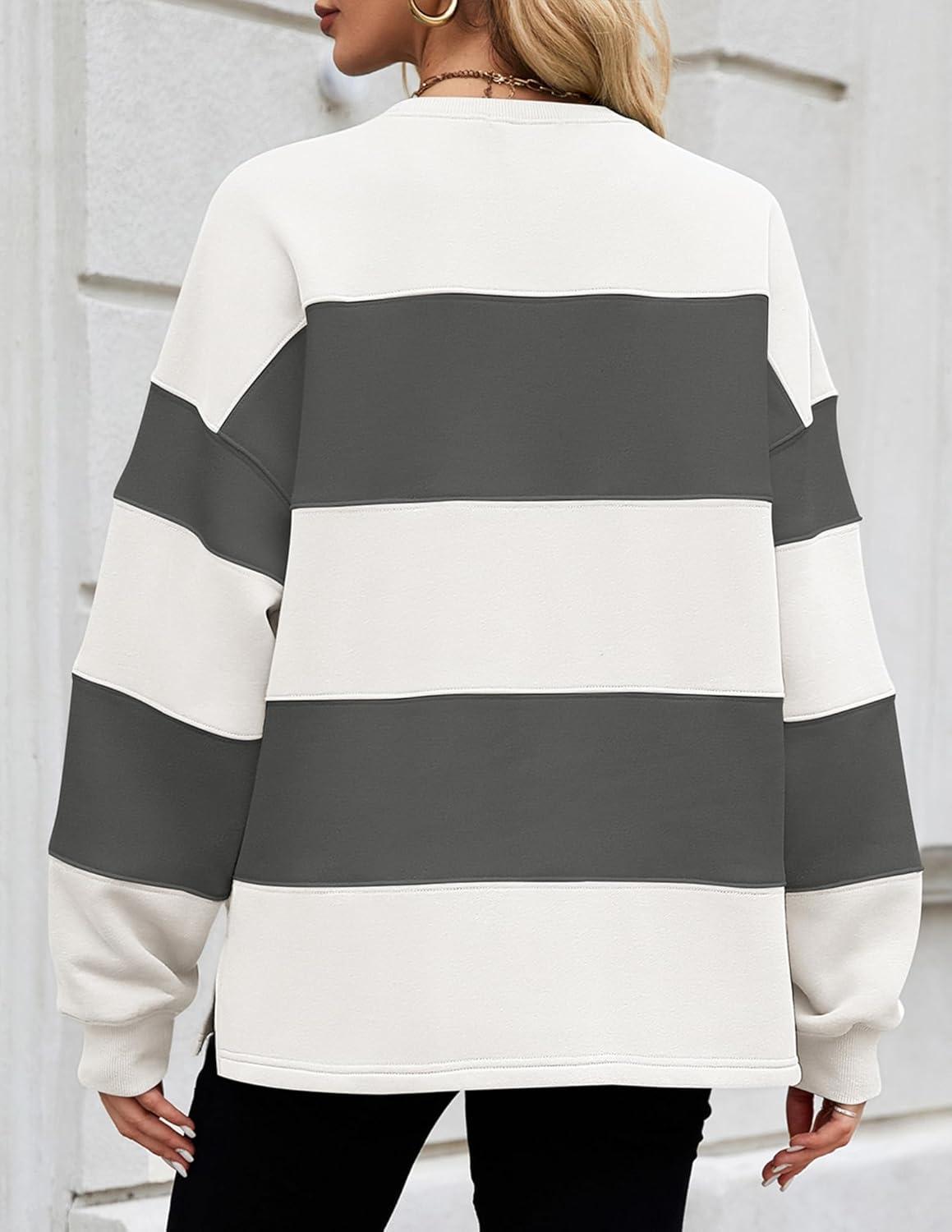 imageZESICA Womens Fall Sweatshirt Tops Crewneck Long Sleeve Loose Oversized Striped Fleece Pullover 2025 ClothesGrey