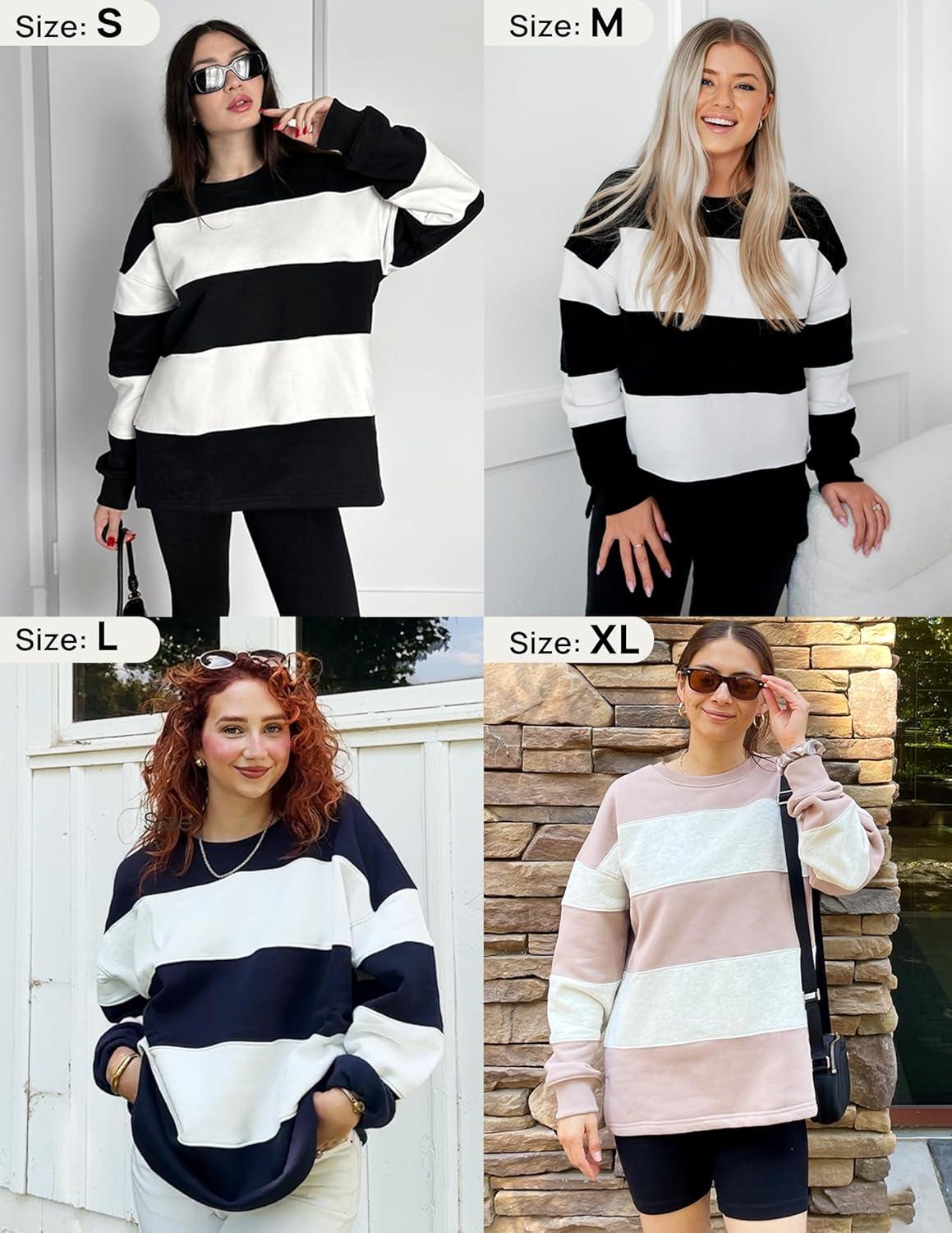 imageZESICA Womens Fall Sweatshirt Tops Crewneck Long Sleeve Loose Oversized Striped Fleece Pullover 2025 ClothesGrey
