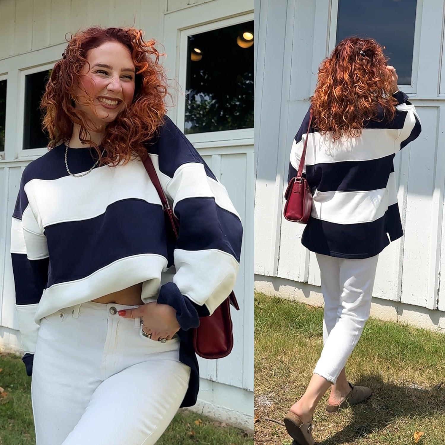 imageZESICA Womens Fall Sweatshirt Tops Crewneck Long Sleeve Loose Oversized Striped Fleece Pullover 2025 ClothesNavy