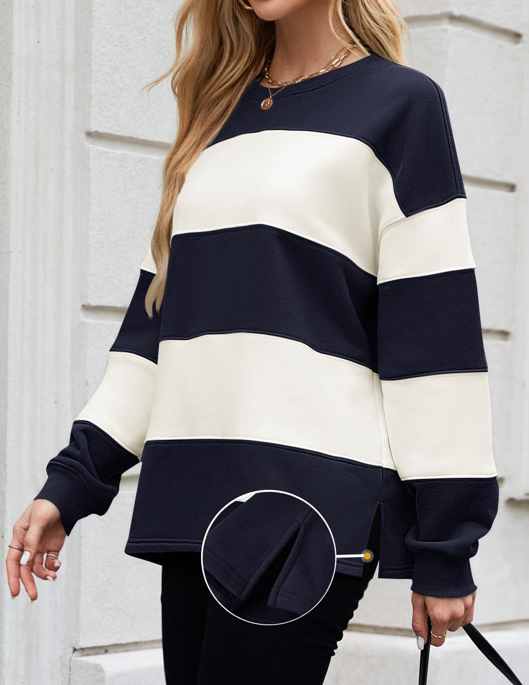 imageZESICA Womens Fall Sweatshirt Tops Crewneck Long Sleeve Loose Oversized Striped Fleece Pullover 2025 ClothesNavy