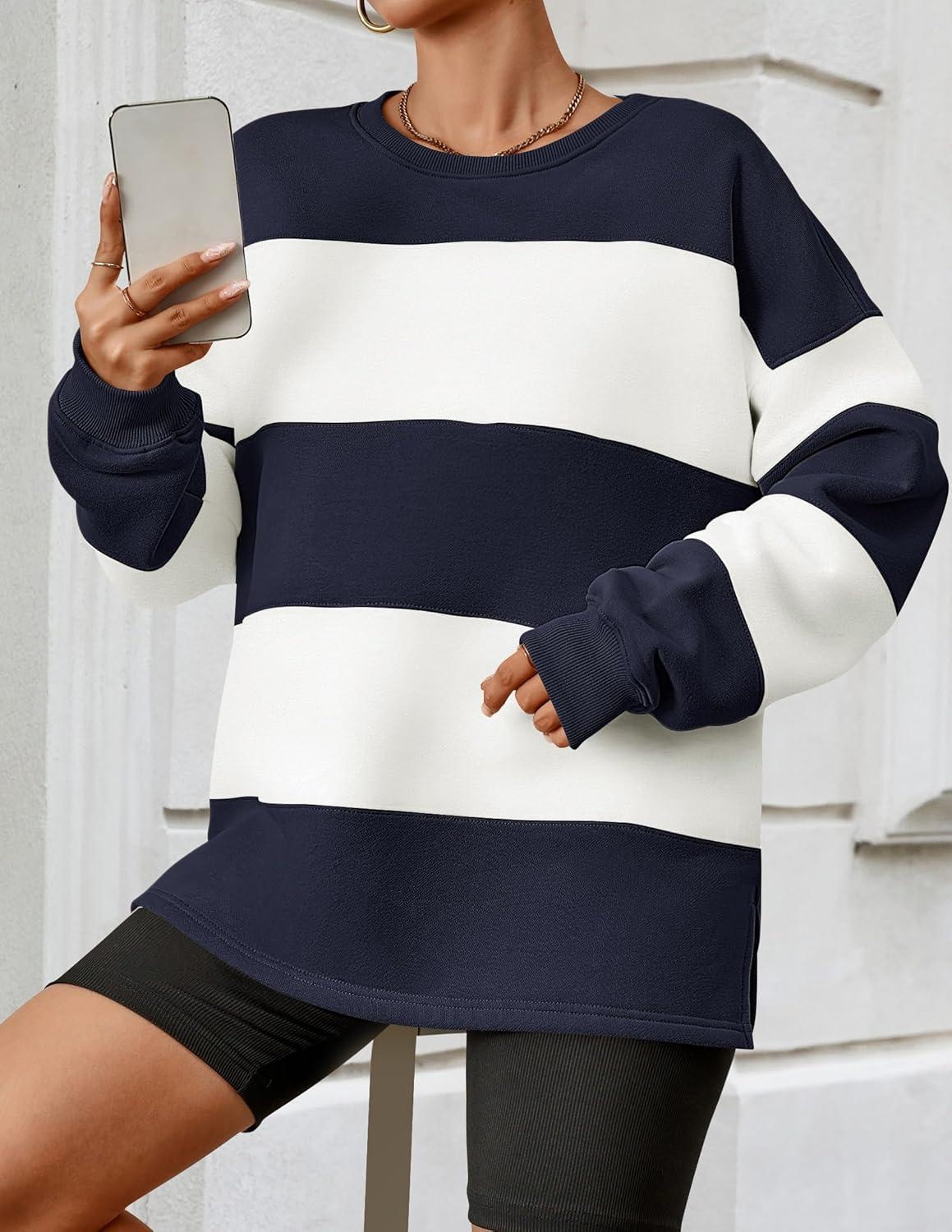 imageZESICA Womens Fall Sweatshirt Tops Crewneck Long Sleeve Loose Oversized Striped Fleece Pullover 2025 ClothesNavy