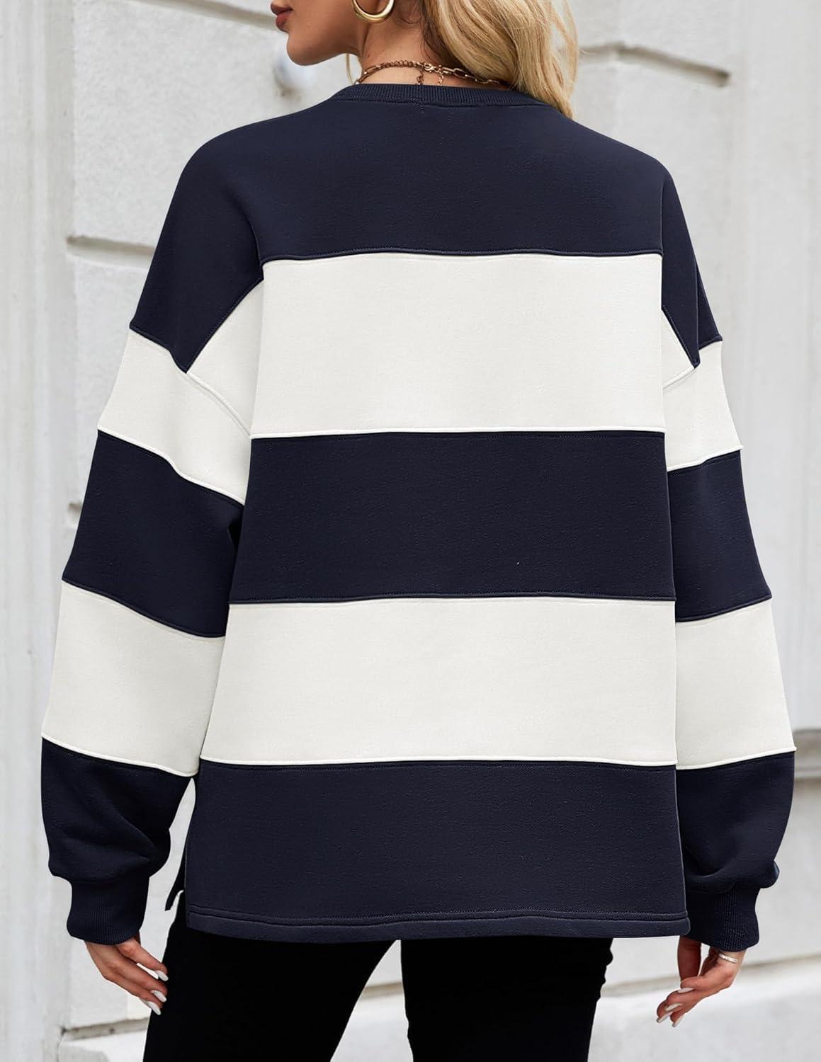 imageZESICA Womens Fall Sweatshirt Tops Crewneck Long Sleeve Loose Oversized Striped Fleece Pullover 2025 ClothesNavy