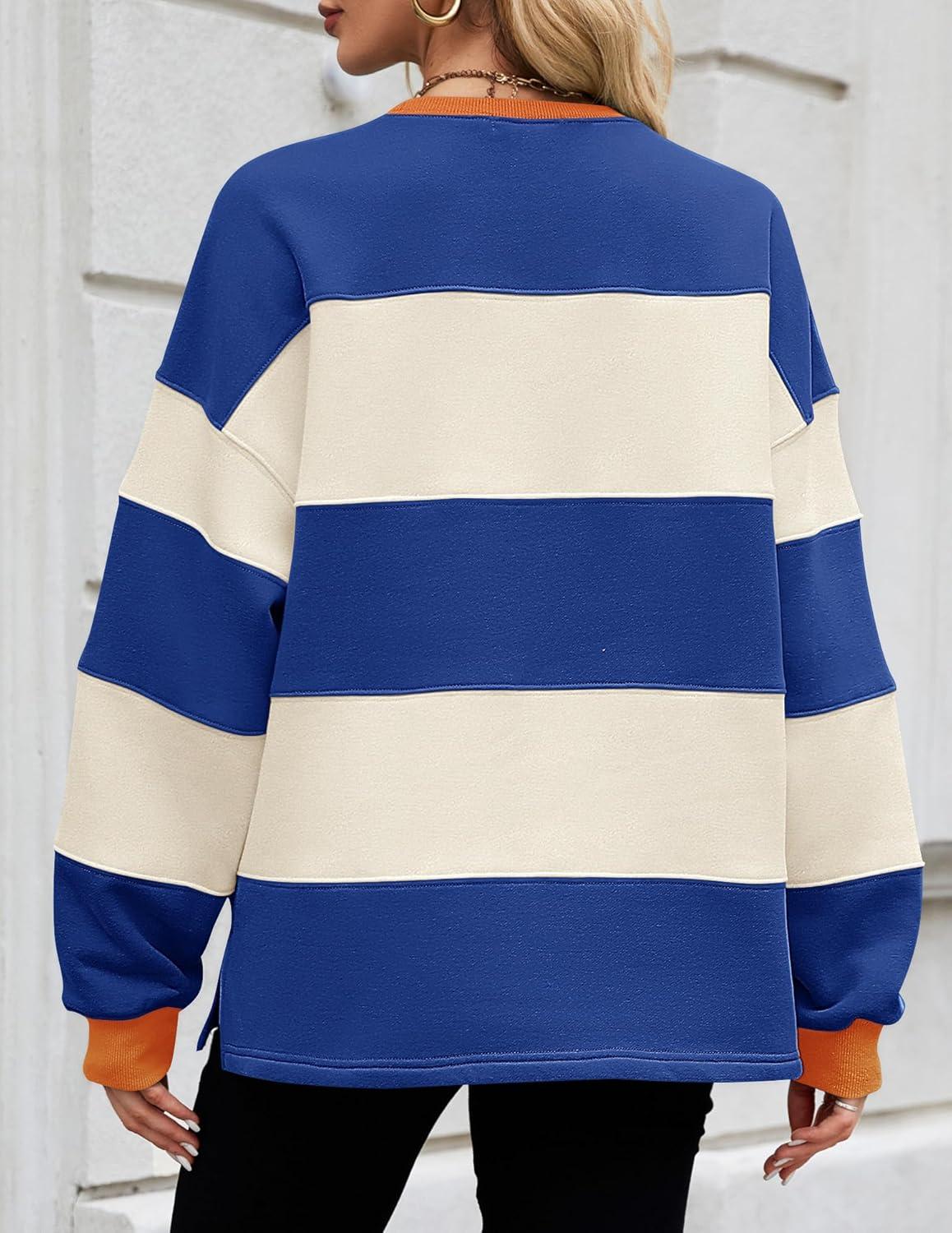 imageZESICA Womens Fall Sweatshirt Tops Crewneck Long Sleeve Loose Oversized Striped Fleece Pullover 2025 ClothesRoyal Blue