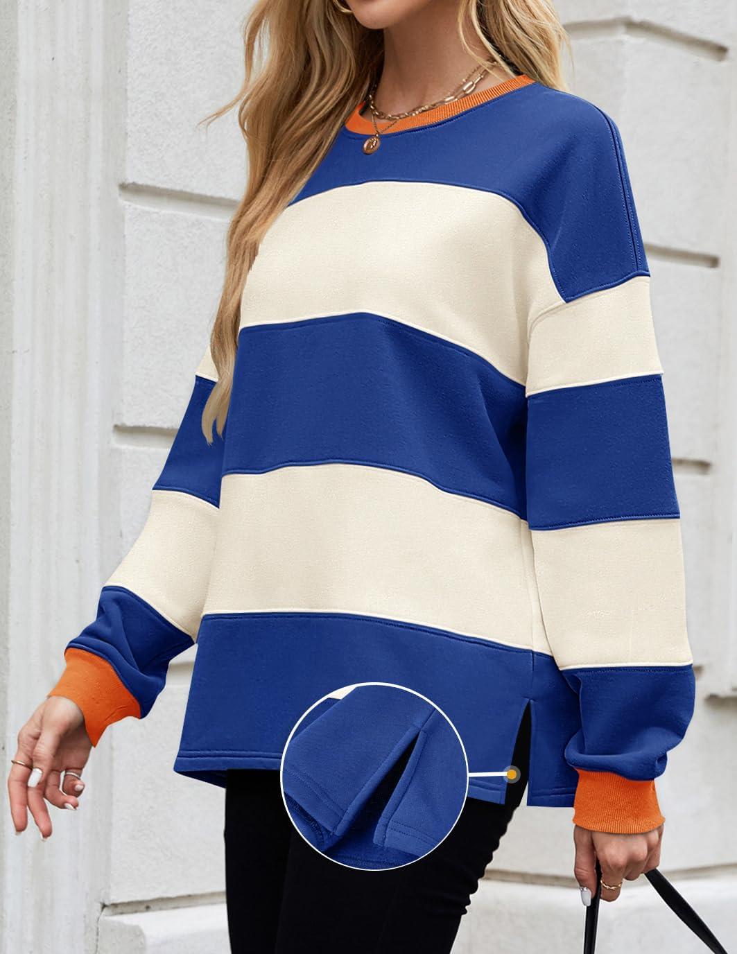 imageZESICA Womens Fall Sweatshirt Tops Crewneck Long Sleeve Loose Oversized Striped Fleece Pullover 2025 ClothesRoyal Blue