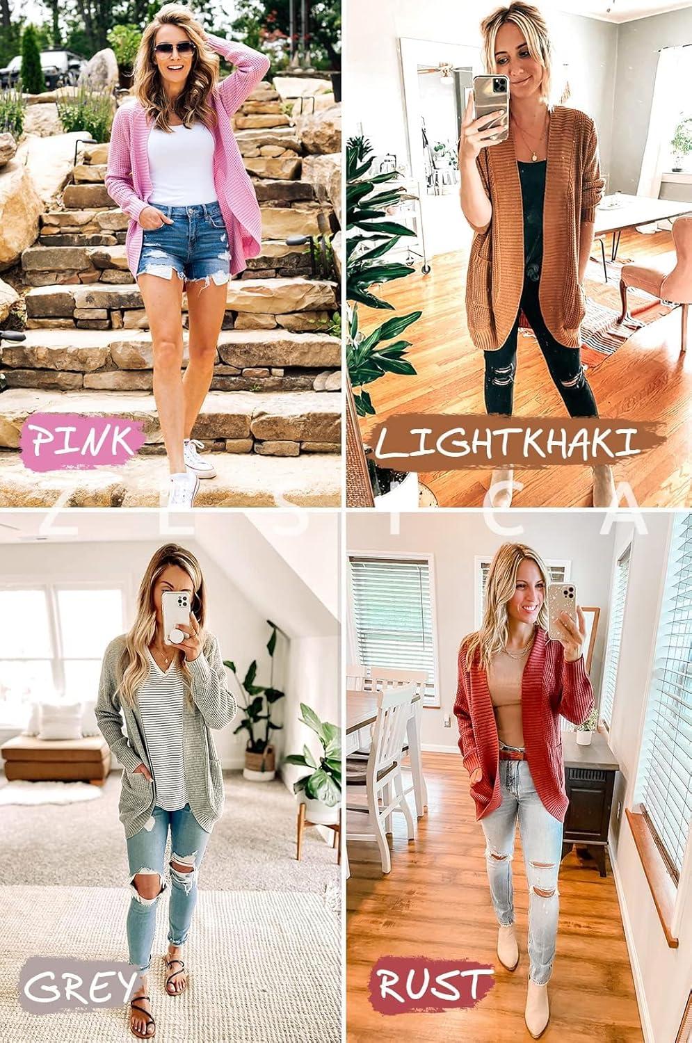 imageZESICA Womens Fall Winter Long Sleeve Open Front Casual Lightweight Soft Knit Cardigan Sweater OuterwearApricot