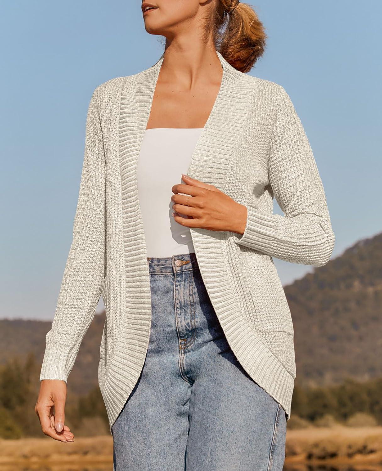 imageZESICA Womens Fall Winter Long Sleeve Open Front Casual Lightweight Soft Knit Cardigan Sweater OuterwearApricot