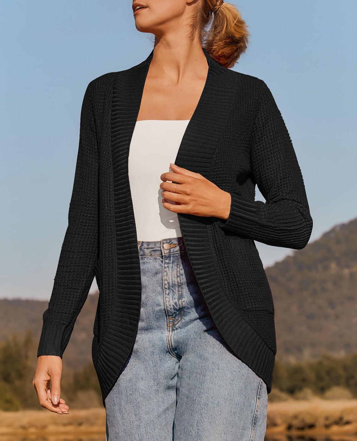 imageZESICA Womens Fall Winter Long Sleeve Open Front Casual Lightweight Soft Knit Cardigan Sweater OuterwearBlack