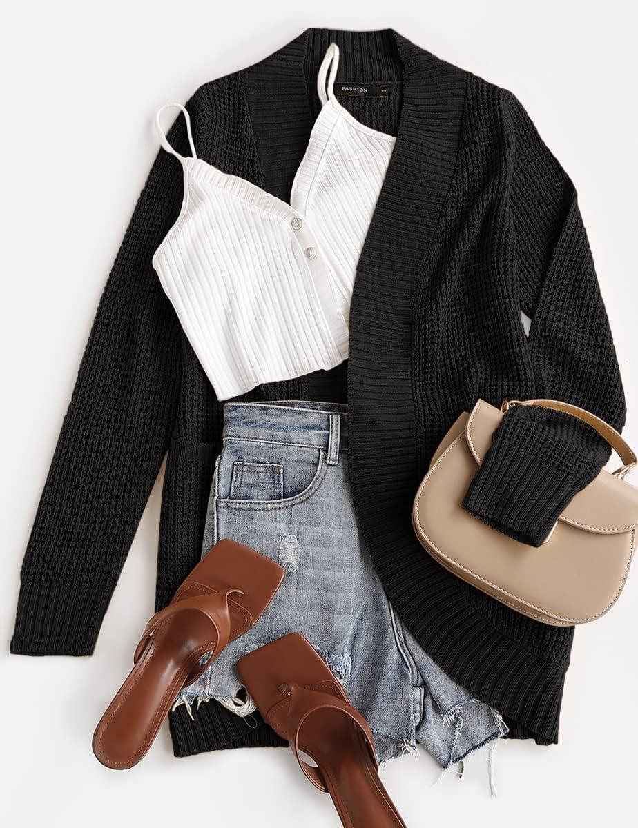 imageZESICA Womens Fall Winter Long Sleeve Open Front Casual Lightweight Soft Knit Cardigan Sweater OuterwearBlack
