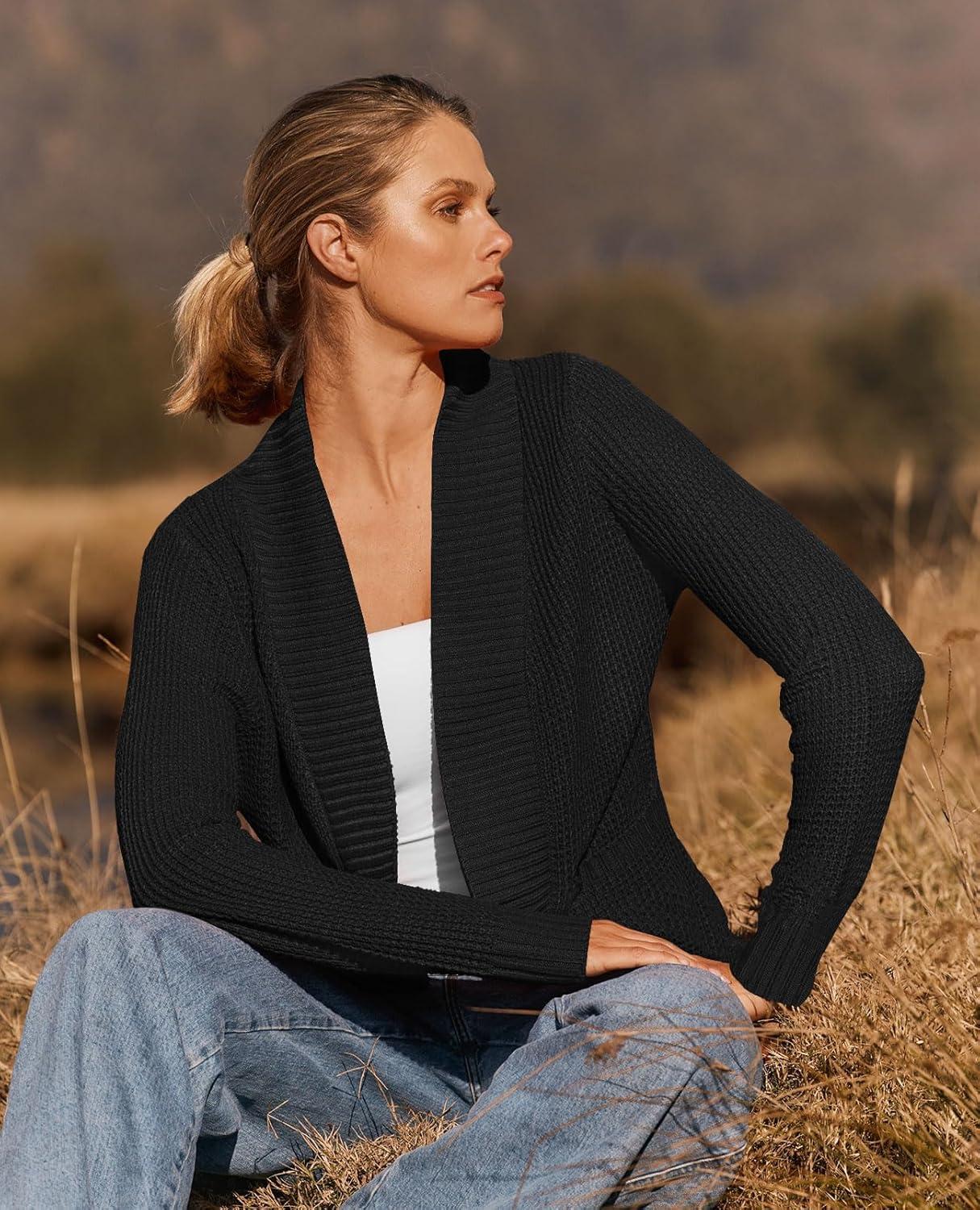 imageZESICA Womens Fall Winter Long Sleeve Open Front Casual Lightweight Soft Knit Cardigan Sweater OuterwearBlack