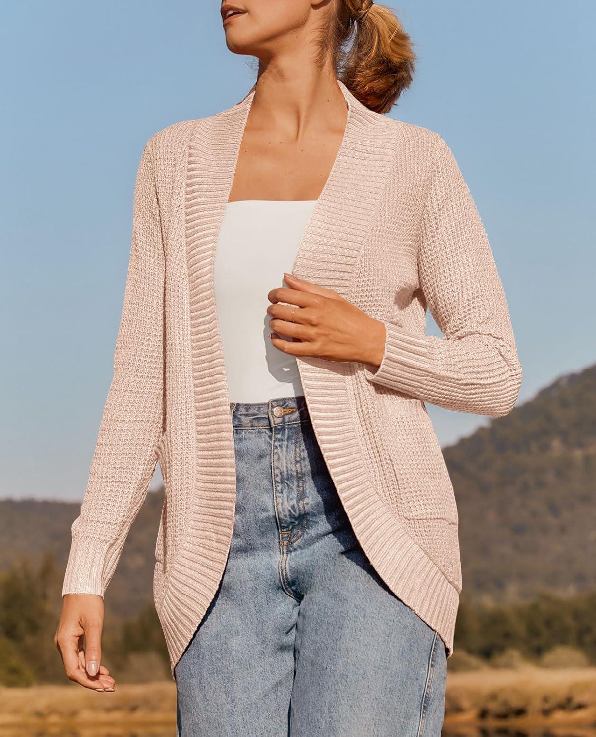 imageZESICA Womens Fall Winter Long Sleeve Open Front Casual Lightweight Soft Knit Cardigan Sweater OuterwearBlush